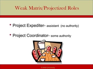 Weak Matrix/Projectized Roles
 Project Expediter- assistant (no authority)
 Project Coordinator- some authority
© AAA University
 