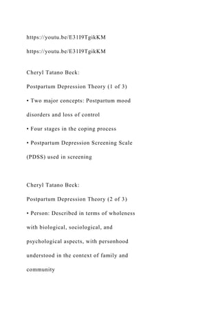 https://youtu.be/E31I9TgikKM
https://youtu.be/E31I9TgikKM
Cheryl Tatano Beck:
Postpartum Depression Theory (1 of 3)
• Two major concepts: Postpartum mood
disorders and loss of control
• Four stages in the coping process
• Postpartum Depression Screening Scale
(PDSS) used in screening
Cheryl Tatano Beck:
Postpartum Depression Theory (2 of 3)
• Person: Described in terms of wholeness
with biological, sociological, and
psychological aspects, with personhood
understood in the context of family and
community
 