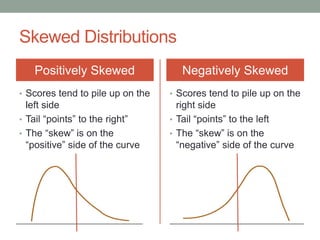 Skewed Distributions
Positively Skewed
• Scores tend to pile up on the
left side
• Tail “points” to the right”
• The “skew” is on the
“positive” side of the curve
Negatively Skewed
• Scores tend to pile up on the
right side
• Tail “points” to the left
• The “skew” is on the
“negative” side of the curve
 