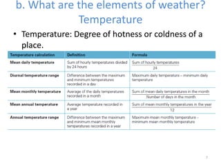 b. What are the elements of weather?
Temperature
• Temperature: Degree of hotness or coldness of a
place.
7
 