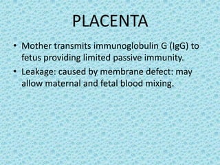 PLACENTA
• Mother transmits immunoglobulin G (IgG) to
  fetus providing limited passive immunity.
• Leakage: caused by membrane defect: may
  allow maternal and fetal blood mixing.
 