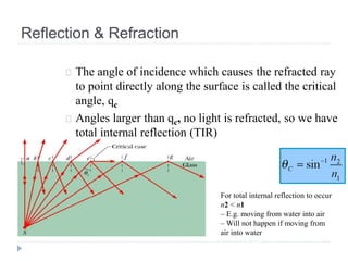 Reflection & Refraction
The angle of incidence which causes the refracted ray
to point directly along the surface is called the critical
angle, qc
Angles larger than qc, no light is refracted, so we have
total internal reflection (TIR)
For total internal reflection to occur
n2 < n1
– E.g. moving from water into air
– Will not happen if moving from
air into water
 