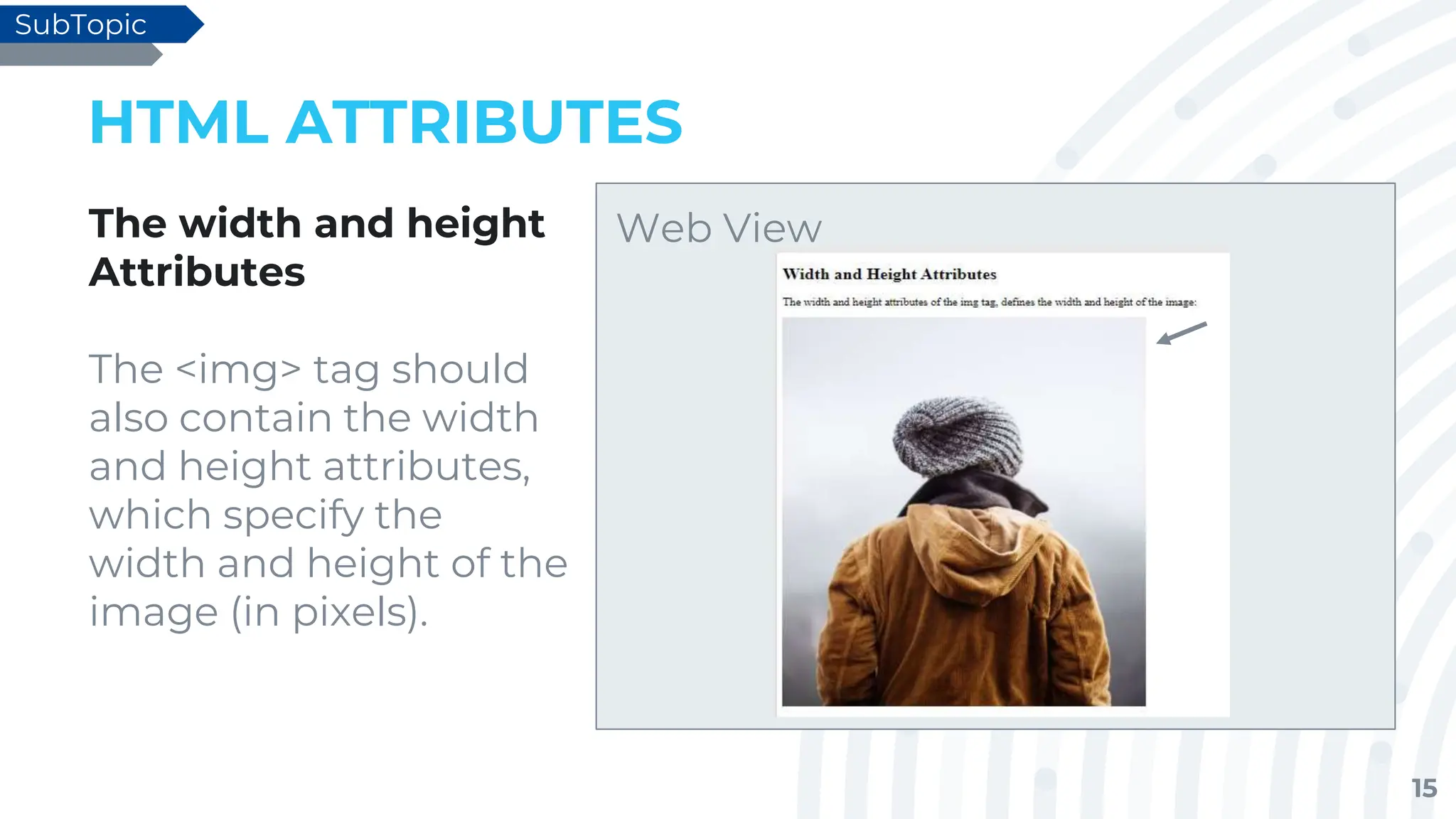 15
HTML ATTRIBUTES
The width and height
Attributes
The <img> tag should
also contain the width
and height attributes,
which specify the
width and height of the
image (in pixels).
SubTopic
Web View
 