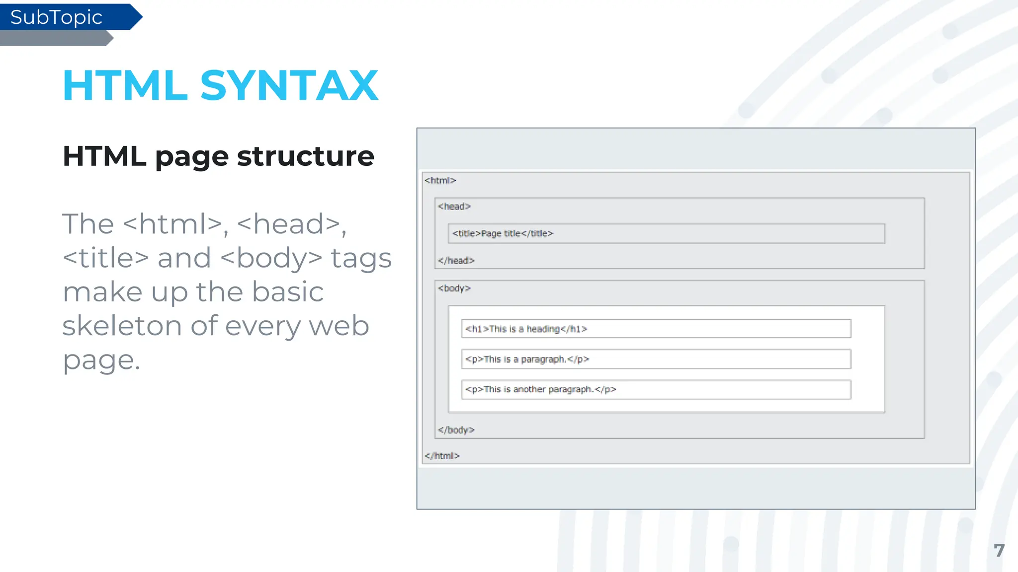 7
HTML SYNTAX
HTML page structure
The <html>, <head>,
<title> and <body> tags
make up the basic
skeleton of every web
page.
SubTopic
 