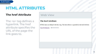 11
HTML ATTRIBUTES
The href Attribute
The <a> tag defines a
hyperlink. The href
attribute specifies the
URL of the page the
link goes to.
SubTopic
Web View
 