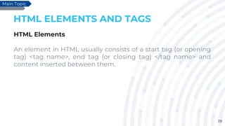 19
HTML ELEMENTS AND TAGS
HTML Elements
An element in HTML usually consists of a start tag (or opening
tag) <tag name>, end tag (or closing tag) </tag name> and
content inserted between them.
Main Topic
 
