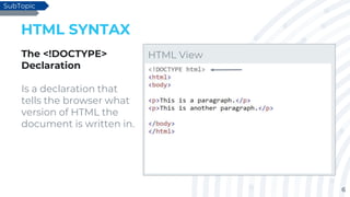 6
HTML SYNTAX
The <!DOCTYPE>
Declaration
Is a declaration that
tells the browser what
version of HTML the
document is written in.
SubTopic
HTML View
 