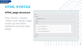 7
HTML SYNTAX
HTML page structure
The <html>, <head>,
<title> and <body> tags
make up the basic
skeleton of every web
page.
SubTopic
 