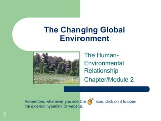 The Changing Global
Environment
The HumanEnvironmental
Relationship
Chapter/Module 2

Remember, whenever you see the
the external hyperlink or website.

1

icon, click on it to open

 