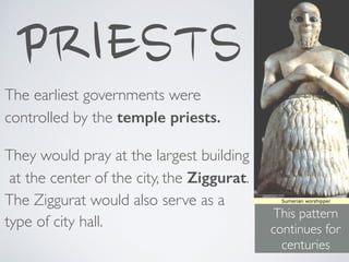 PRIESTSThe earliest governments were  
controlled by the temple priests.
They would pray at the largest building 
at the center of the city, the Ziggurat.  
The Ziggurat would also serve as a  
type of city hall.
This pattern
continues for
centuries
 