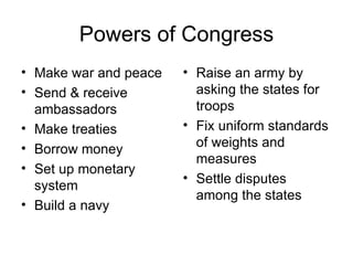 Powers of Congress Make war and peace Send & receive ambassadors Make treaties Borrow money Set up monetary system Build a navy Raise an army by asking the states for troops Fix uniform standards of weights and measures Settle disputes among the states 