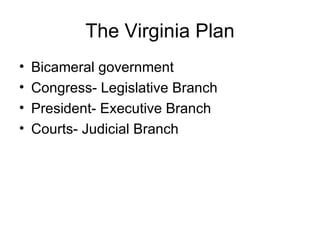 The Virginia Plan Bicameral government Congress- Legislative Branch President- Executive Branch Courts- Judicial Branch 
