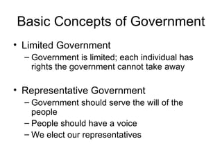 Basic Concepts of Government Limited Government Government is limited; each individual has rights the government cannot take away Representative Government Government should serve the will of the people People should have a voice We elect our representatives 