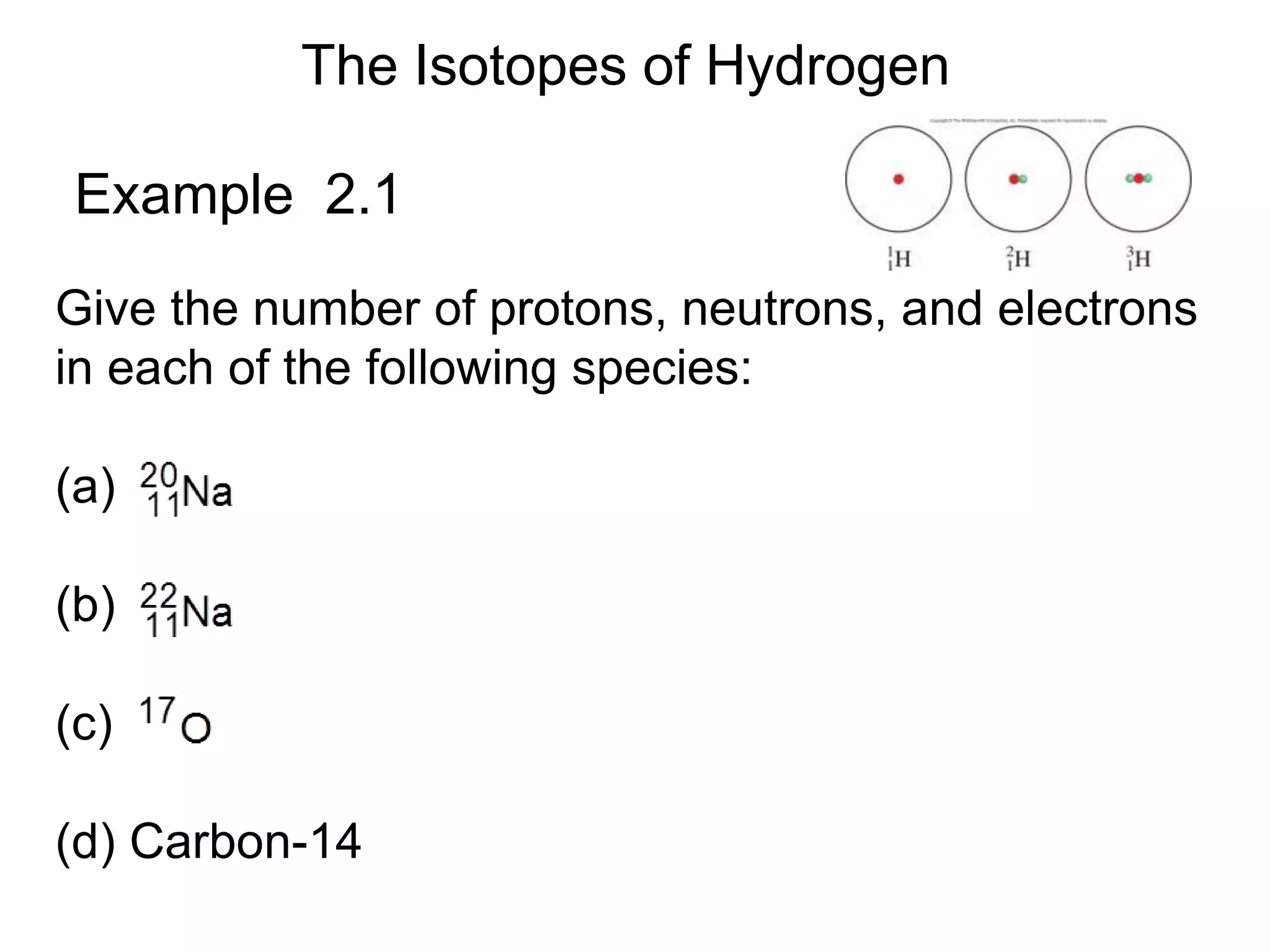The Isotopes of Hydrogen
Give the number of protons, neutrons, and electrons
in each of the following species:
(a)
(b)
(c)
(d) Carbon-14
Example 2.1
 