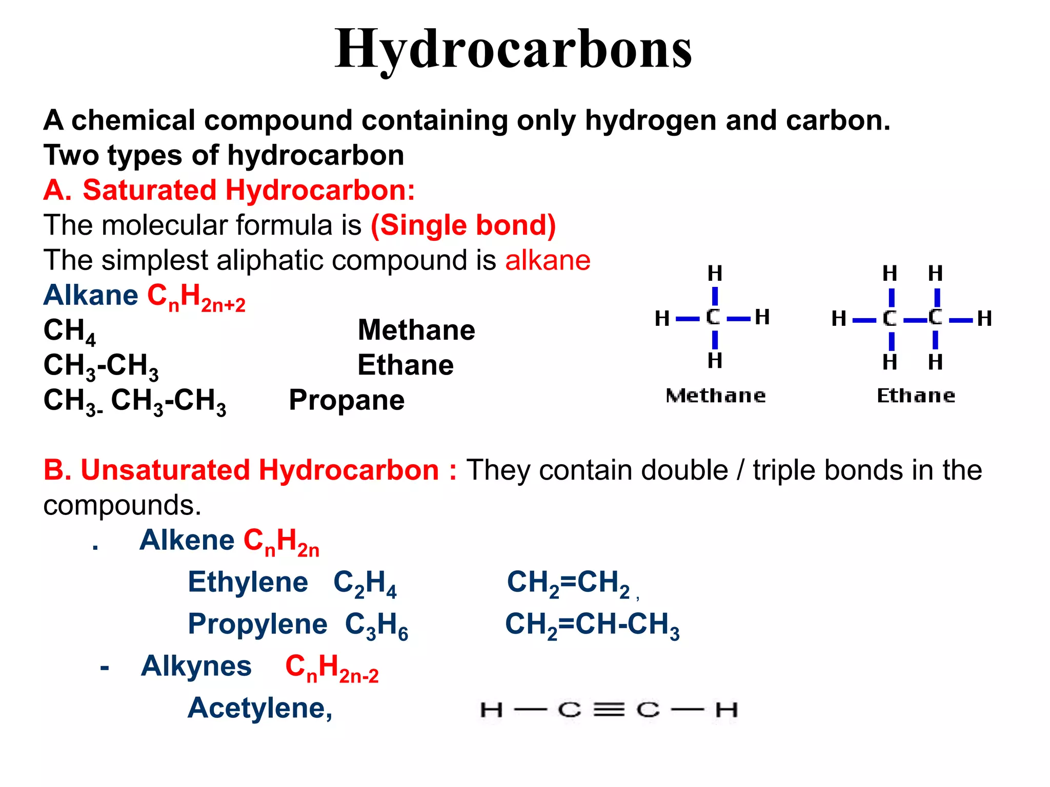 Hydrocarbons
A chemical compound containing only hydrogen and carbon.
Two types of hydrocarbon
A. Saturated Hydrocarbon:
The molecular formula is (Single bond)
The simplest aliphatic compound is alkane
Alkane CnH2n+2
CH4 Methane
CH3-CH3 Ethane
CH3- CH3-CH3 Propane
B. Unsaturated Hydrocarbon : They contain double / triple bonds in the
compounds.
. Alkene CnH2n
Ethylene C2H4 CH2=CH2 ,
Propylene C3H6 CH2=CH-CH3
- Alkynes CnH2n-2
Acetylene,
 