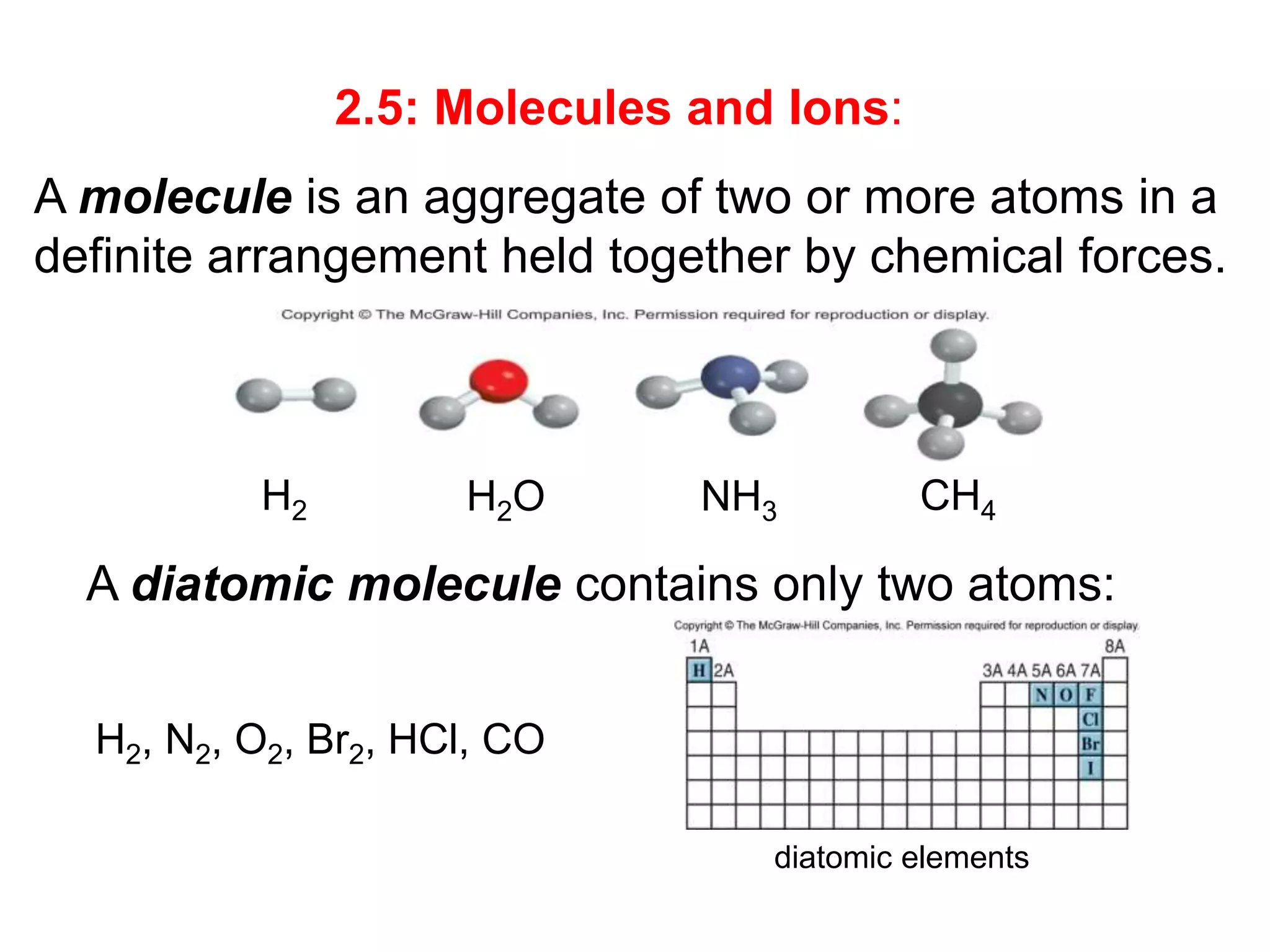 2.5: Molecules and Ions:
A molecule is an aggregate of two or more atoms in a
definite arrangement held together by chemical forces.
H2 H2O NH3 CH4
A diatomic molecule contains only two atoms:
H2, N2, O2, Br2, HCl, CO
diatomic elements
 
