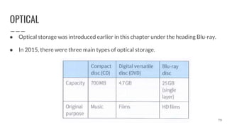 OPTICAL
79
● Optical storage was introduced earlier in this chapter under the heading Blu-ray.
● In 2015, there were three main types of optical storage.
 
