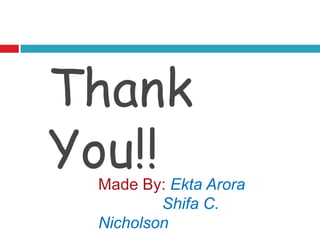 Thank
You!!
 Made By: Ekta Arora
         Shifa C.
 Nicholson
 