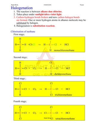 Halogenation
1. The reaction is between alkane dan chlorine.
2. Takes place under sunlight/ultra violet light.
3. Carbon-hydrogen bonds broken and new carbon-halogen bonds
are formed. One or more hydrogen atoms in alkanes molecule may be
subtituted by halogen.
4. Halogenation is substitution reaction.
Chlorination of methane
First stage;
Second stage;
H H
│ |
H ─ C ─ H +Cl-Cl → H — C — Cl + HCl
│ |
H H monochloromethane
H Cl
│ |
H ─ C ─ Cl + Cl2 → H — C — Cl + HCl
│ |
H H dichloromethane
Third stage ;
Fourth stage;
Cl Cl
│ |
H ─ C ─ Cl + Cl2 → H — C — Cl + HCl
│ |
H Cl trichloromethane
Cl Cl
│ |
H ─ C ─ Cl + Cl2 → Cl — C — Cl + HCl
│ |
Cl Cl tetrachloromethane
Bright Minds 016-6412016 Thuran
Bright Minds
 