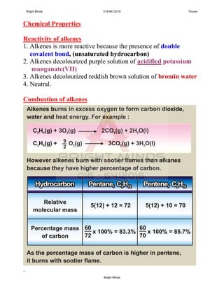 Chemical Properties
Reactivity of alkenes
1. Alkenes is more reactive because the presence of double
covalent bond, (unsaturated hydrocarbon)
2. Alkenes decolourized purple solution of acidified potassium
manganate(VII)
3. Alkenes decolourized reddish brown solution of bromin water
4. Neutral.
Combustion of alkenes
.
Bright Minds 016-6412016 Thuran
Bright Minds
 