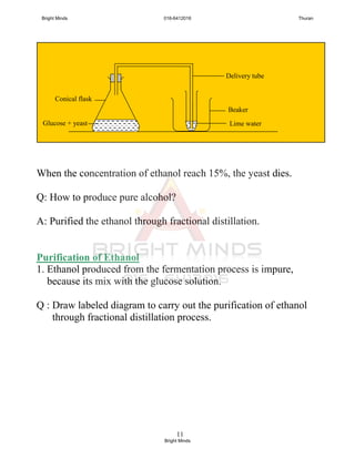 11
When the concentration of ethanol reach 15%, the yeast dies.
Q: How to produce pure alcohol?
A: Purified the ethanol through fractional distillation.
Purification of Ethanol
1. Ethanol produced from the fermentation process is impure,
because its mix with the glucose solution.
Q : Draw labeled diagram to carry out the purification of ethanol
through fractional distillation process.
Delivery tube
Lime water
Beaker
Glucose + yeast
Conical flask
Bright Minds 016-6412016 Thuran
Bright Minds
 