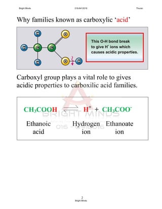 2
Why families known as carboxylic ‘acid’
Carboxyl group plays a vital role to gives
acidic properties to carboxilic acid families.
CH3COOH H+
+ CH3COO-
Ethanoic
acid
Hydrogen
ion
Ethanoate
ion
Bright Minds 016-6412016 Thuran
Bright Minds
 