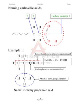 4
Naming carboxilic acids
Example 1:
C C COOHH
H
H
H
C
Longest continuous chains: propanoic acid
HH
H
Attached alkyl group: 2-methyl
Carboxyl carbon: carbon number 1
Name: 2-methylpropanoic acid
C4H8O2 / C3H7COOH
C C C
O
O H
H
H
H
H
Carbon number 123
Bright Minds 016-6412016 Thuran
Bright Minds
 