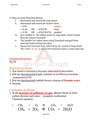 6. Steps to name branched alkanes;
i. determined and named the long chains
ii. determined and named the branch chain
CH3 : methyl
C2H5 OR CH2CH3 : ethyl
C3H7 OR CH2CH2CH3 : prophyl
iii. give number to the carbon atoms in long chain, which started
from the nearest branched
iv. The number for carbon atom which branched emerged from,
must put before/infront the alkyl
v. Named the branched first, followed by the named of long chains
The word ― di, tri‖ is used if the branched chains is more than one
Chemical Properties
Pg 38
Reactivity of alkanes
1. Not reactive/unreactive because saturated hydrocarbon
2. Did not decolourized purple solution of acidified potassium
manganate(VII)
3. Did not decolourized reddish brown solution of bromin water
4. Neutral.
Combustion of alkanes
1. In the presence of sufficient oxygen, alkanes burns to form
carbon dioxide and water. – complete combustion
Chemical equation:
i. CH4 + O2  CO2 + H2O
CH4 + 2O2  CO2 + 2H2O
Bright Minds 016-6412016 Thuran
Bright Minds
 