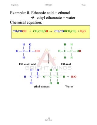 19
Example: ii. Ethanoic acid + ethanol
 ethyl ethanoate + water
Chemical equation:
H O
| ║
H — C — C — OH
|
H
Ethanoic acid
H H
| |
H— C — C — OH
| |
H H
Ethanol
+
H O H H
| ║ | |
H — C — C — O — C — C — H + H2O
| | |
H H H
ethyl etanoat Water
CH3COOH + CH3CH2OH → CH3COOCH2CH3 + H2O
Bright Minds 016-6412016 Thuran
Bright Minds
 