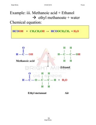 20
Example: iii. Methanoic acid + Ethanol
 ethyl methanoate + water
Chemical equation:
O
║
H — C — OH
Methanoic acid
H H
| |
H— C — C — OH
| |
H H
Ethanol
+
O H H
║ | |
H — C — O — C — C — H + H2O
| |
H H
Ethyl metanoat Air
HCOOH + CH3CH2OH → HCOOCH2CH3 + H2O
Bright Minds 016-6412016 Thuran
Bright Minds
 