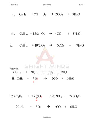 ii. C2H6 + 7/2 O2  2CO2 + 3H2O
iii. C4H10 + 13/2 O2  4CO2 + 5H2O
iv. C6H14 + 19/2 O2  6CO2 + 7H2O
Answers
i. CH4 + 2O2  CO2 + 2H2O
ii. C2H6 + 7 O2  2CO2 + 3H2O
2
2 x C2H6 + 2 x 7 O2  2x 2CO2 + 2x 3H2O
2
2C2H6 + 7 O2  4CO2 + 6H2O
Bright Minds 016-6412016 Thuran
Bright Minds
 