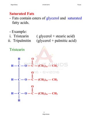 7
Saturated Fats
- Fats contain esters of glycerol and saturated
fatty acids.
- Example:
i. Tristearin ( glycerol + stearic acid)
ii. Tripalmitin (glycerol + palmitic acid)
Tristearin
H O
│ ║
H ― C ― O ― C ― (CH2)16 — CH3
│
│ O
│ ║
H ― C ― O ― C ― (CH2)16 — CH3
│
│ O
│ ║
H ― C ― O ― C ― (CH2)16 — CH3
│
H
Bright Minds 016-6412016 Thuran
Bright Minds
 