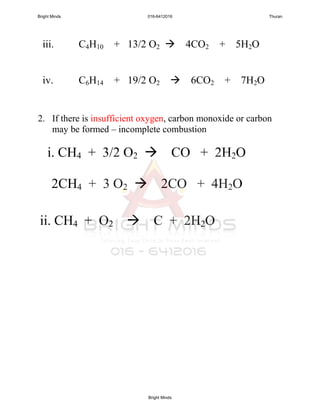 iii. C4H10 + 13/2 O2  4CO2 + 5H2O
iv. C6H14 + 19/2 O2  6CO2 + 7H2O
2. If there is insufficient oxygen, carbon monoxide or carbon
may be formed – incomplete combustion
i. CH4 + 3/2 O2  CO + 2H2O
2CH4 + 3 O2  2CO + 4H2O
ii. CH4 + O2  C + 2H2O
Bright Minds 016-6412016 Thuran
Bright Minds
 