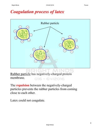 4
Coagulation process of latex
Rubber particle has negatively-charged protein
membrane.
The repulsion between the negatively-charged
particles prevents the rubber particles from coming
close to each other.
Latex could not coagulate.
Rubber particle
─
─
─
─
─
─
─
─
─
─
─
─
─
─
─
─
─
─
─
─
─
Bright Minds 016-6412016 Thuran
Bright Minds
 