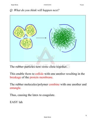 6
Q: What do you think will happen next?
The rubber particles now come close together.
This enable them to collide with one another resulting in the
breakage of the protein membrane.
The rubber molecules/polymer combine with one another and
entangle.
Thus, causing the latex to coagulate.
EASY lah
Bright Minds 016-6412016 Thuran
Bright Minds
 