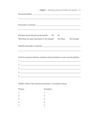 Chapter 2   Identifying a Research Problem and Question

41

Research problem: ____________________________________________________
___________________________________________________________________

Keywords to search by: ________________________________________________
___________________________________________________________________
Did those keywords pull up documents?	

Yes	

Were there too many documents or not enough?	

No
Too Many	

Not Enough

Redefine keywords to search by: _________________________________________
___________________________________________________________________

Find five resources that have abstracts directly pertinent to your research problem.
1.	_________________________________________________________________
2.	_________________________________________________________________
3.	_________________________________________________________________
4.	_________________________________________________________________
5.	_________________________________________________________________

Identify which of the resources are primary or secondary sources.
Primary	

Secondary

1.	

1.

2.	

2.

3.	

3.

4.	

4.

5.	

5.

 