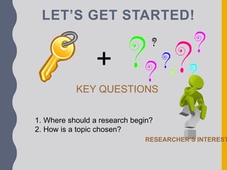 LET’S GET STARTED!
+
KEY QUESTIONS
1. Where should a research begin?
2. How is a topic chosen?
RESEARCHER’S INTEREST
 