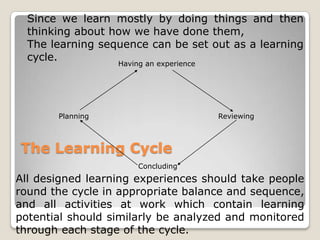 The Learning Cycle
Having an experience
Concluding
Planning Reviewing
Since we learn mostly by doing things and then
thinking about how we have done them,
The learning sequence can be set out as a learning
cycle.
All designed learning experiences should take people
round the cycle in appropriate balance and sequence,
and all activities at work which contain learning
potential should similarly be analyzed and monitored
through each stage of the cycle.
 