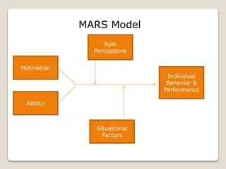 Motivation
Individual
Behavior &
Performance
Ability
Role
Perceptions
Situational
Factors
MARS Model
 