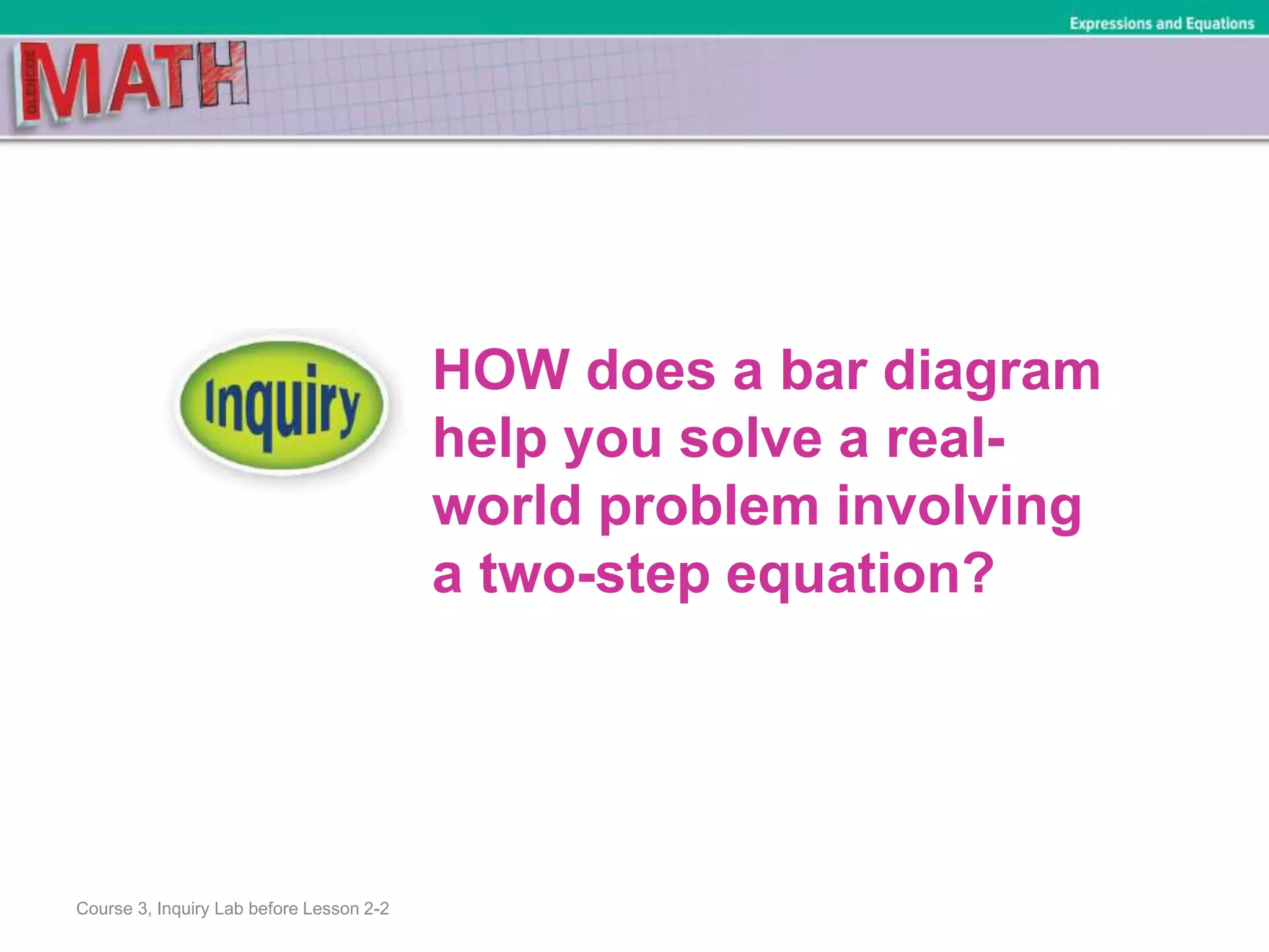 Course 3, Inquiry Lab before Lesson 2-2
HOW does a bar diagram
help you solve a real-
world problem involving
a two-step equation?
Expressions and Equations
 
