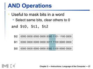 AND Operations Useful to mask bits in a word Select same bits, clear others to 0 and $t0, $t1, $t2 Chapter 2 — Instructions: Language of the Computer —  0000 0000 0000 0000 0000 1101 1100 0000 0000 0000 0000 0000 0011 1100 0000 0000 $t2 $t1 0000 0000 0000 0000 0000 1100 0000 0000 $t0 