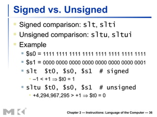 Signed vs. Unsigned Signed comparison:  slt ,  slti Unsigned comparison:  sltu ,  sltui Example $s0 =  1111 1111 1111 1111 1111 1111 1111 1111 $s1 =  0000 0000 0000 0000 0000 0000 0000 0001 slt  $t0, $s0, $s1  # signed – 1 < +1    $t0 = 1 sltu $t0, $s0, $s1  # unsigned +4,294,967,295 > +1    $t0 = 0 Chapter 2 — Instructions: Language of the Computer —  