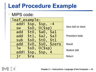 Leaf Procedure Example MIPS code: leaf_example:   addi $sp, $sp, -4   sw  $s0, 0($sp)   add  $t0, $a0, $a1   add  $t1, $a2, $a3   sub  $s0, $t0, $t1   add  $v0, $s0, $zero   lw  $s0, 0($sp)   addi $sp, $sp, 4   jr  $ra Chapter 2 — Instructions: Language of the Computer —  Save $s0 on stack Procedure body Restore $s0 Result Return 