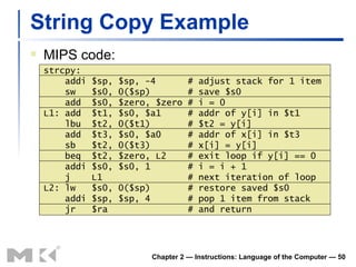 String Copy Example MIPS code: strcpy:   addi $sp, $sp, -4  # adjust stack for 1 item   sw  $s0, 0($sp)  # save $s0   add  $s0, $zero, $zero # i = 0 L1: add  $t1, $s0, $a1  # addr of y[i] in $t1   lbu  $t2, 0($t1)  # $t2 = y[i]   add  $t3, $s0, $a0  # addr of x[i] in $t3   sb  $t2, 0($t3)  # x[i] = y[i]   beq  $t2, $zero, L2  # exit loop if y[i] == 0    addi $s0, $s0, 1  # i = i + 1   j  L1  # next iteration of loop L2: lw  $s0, 0($sp)  # restore saved $s0   addi $sp, $sp, 4  # pop 1 item from stack   jr  $ra  # and return Chapter 2 — Instructions: Language of the Computer —  