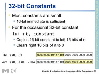 32-bit Constants Most constants are small 16-bit immediate is sufficient For the occasional 32-bit constant lui rt, constant Copies 16-bit constant to left 16 bits of rt Clears right 16 bits of rt to 0 Chapter 2 — Instructions: Language of the Computer —  0000 0000 0111 1101 0000 0000 0000 0000 lhi $s0, 61 0000 0000 0111 1101 0000 1001 0000 0000 ori $s0, $s0, 2304 §2.10 MIPS Addressing for 32-Bit Immediates and Addresses 