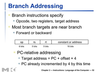 Branch Addressing Branch instructions specify Opcode, two registers, target address Most branch targets are near branch Forward or backward Chapter 2 — Instructions: Language of the Computer —  PC-relative addressing Target address = PC + offset × 4 PC already incremented by 4 by this time op rs rt constant or address 6 bits 5 bits 5 bits 16 bits 