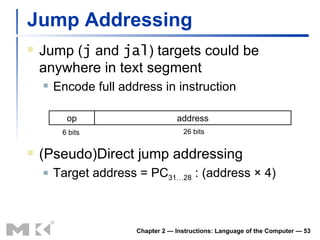 Jump Addressing Jump ( j  and  jal ) targets could be anywhere in text segment Encode full address in instruction Chapter 2 — Instructions: Language of the Computer —  (Pseudo)Direct jump addressing Target address = PC 31…28  : (address × 4) op address 6 bits 26 bits 