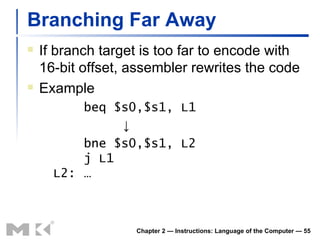 Branching Far Away If branch target is too far to encode with 16-bit offset, assembler rewrites the code Example beq $s0,$s1, L1 ↓ bne $s0,$s1, L2 j L1 L2: … Chapter 2 — Instructions: Language of the Computer —  