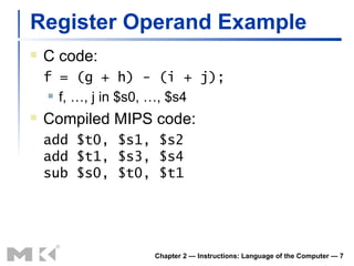 Register Operand Example C code: f = (g + h) - (i + j); f, …, j in $s0, …, $s4 Compiled MIPS code: add $t0, $s1, $s2 add $t1, $s3, $s4 sub $s0, $t0, $t1 Chapter 2 — Instructions: Language of the Computer —  