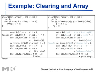 Example: Clearing and Array Chapter 2 — Instructions: Language of the Computer —  clear1(int array[], int size) { int i; for (i = 0; i < size; i += 1) array[i] = 0; } clear2(int *array, int size) { int *p; for (p = &array[0]; p < &array[size]; p = p + 1) *p = 0; } move $t0,$zero  # i = 0 loop1: sll $t1,$t0,2  # $t1 = i * 4 add $t2,$a0,$t1  # $t2 = #  &array[i] sw $zero, 0($t2) # array[i] = 0 addi $t0,$t0,1  # i = i + 1 slt $t3,$t0,$a1  # $t3 = #  (i < size) bne $t3,$zero,loop1 # if (…)   # goto loop1 move $t0, $a0   # p = & array[0] sll $t1, $a1 ,2  # $t1 =  size  * 4 add $t2,$a0,$t1 # $t2 = #  &array[ size ] loop2:  sw $zero,0( $t0 ) #  Memory[p]  = 0 addi $t0,$t0, 4   #  p = p + 4 slt $t3,$t0, $t2  # $t3 = #( p<&array[size] ) bne $t3,$zero,loop2 # if (…) # goto loop2 